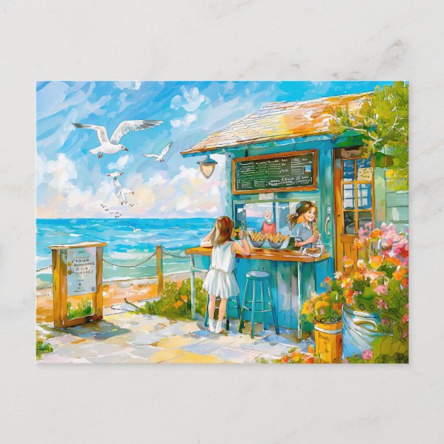 Cartes Pour Fêtes Annuelles Fille achetant sandwitch à la plage snacks (Devant)