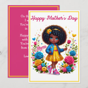 Cartes Pour Fêtes Annuelles Fille Afro Adorable Fleur Jaune/Rose Fête des Mère