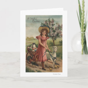 Cartes Pour Fêtes Annuelles Fille Agneau de marche, poussin et coq