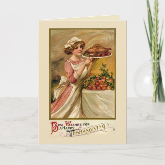 Cartes Pour Fêtes Annuelles Fille avec dinde rôtie (Devant)