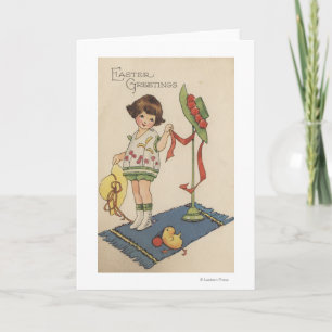 Cartes Pour Fêtes Annuelles Fille avec le casquette et le poussin jaunes
