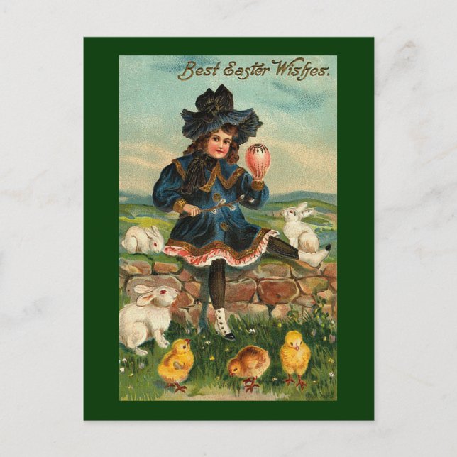 Cartes Pour Fêtes Annuelles Fille avec poussins et lapins Vintage Pâques (Devant)