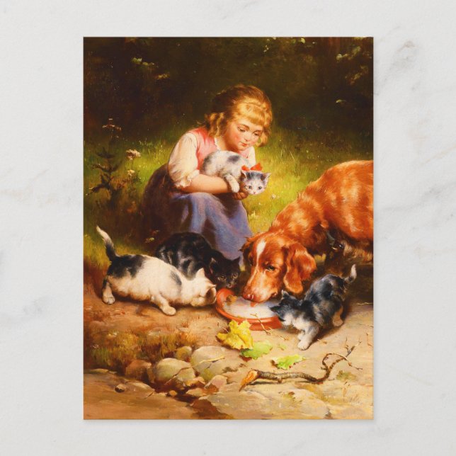 Cartes Pour Fêtes Annuelles Fille chatons et ramasseur chien boire du lait (Devant)