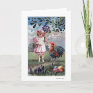 Cartes Pour Fêtes Annuelles Fille dans le rose tenant les fleurs pourpres
