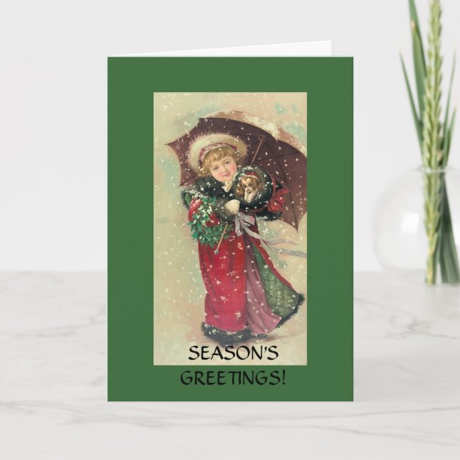 Cartes Pour Fêtes Annuelles Fille de Noël avec chiot Cavalier (Devant)