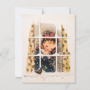 Cartes Pour Fêtes Annuelles Fille De Noël Vintage Priant Dans La Fenêtre