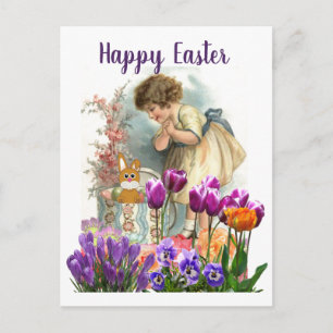Cartes Pour Fêtes Annuelles Fille de Pâques vintage avec fleurs de tulipe