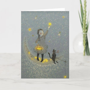 Cartes Pour Fêtes Annuelles Fille et chat sur la lune et les étoiles