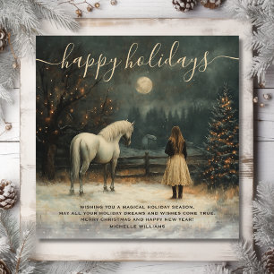 Cartes Pour Fêtes Annuelles Fille et cheval   Pleine lune Noël d'hiver