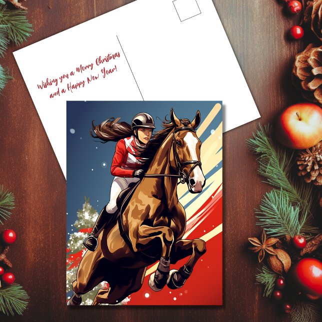 Cartes Pour Fêtes Annuelles Fille et Cheval saut Noël équestre (Girl and Horse Jumping Equestrian Christmas Holiday Postcard)