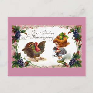 Cartes Pour Fêtes Annuelles Fille et chiot saluent Turquie Thanksgiving Vintag