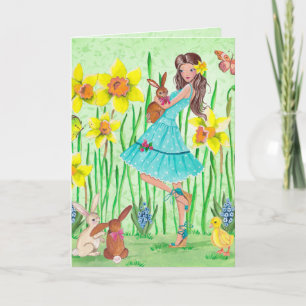 Cartes Pour Fêtes Annuelles Fille florale verte et jaune élégante de Pâques