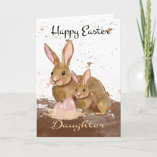 Cartes Pour Fêtes Annuelles Fille, lapins d'aquarelle et oeufs de pâques (Devant)