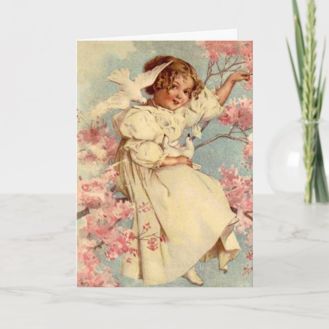 Cartes Pour Fêtes Annuelles Fille Pâques de colombe de cru (Devant)