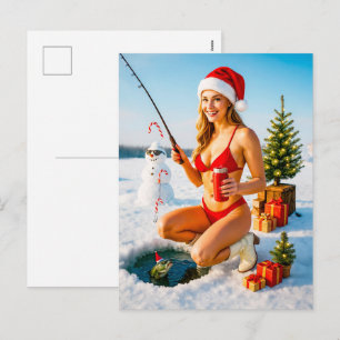 Cartes Pour Fêtes Annuelles Fille pin-up joueuse pêchant en bikini rouge
