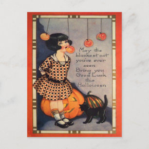 Cartes Pour Fêtes Annuelles Fille qui pêche des pommes Chat noir Citrouille
