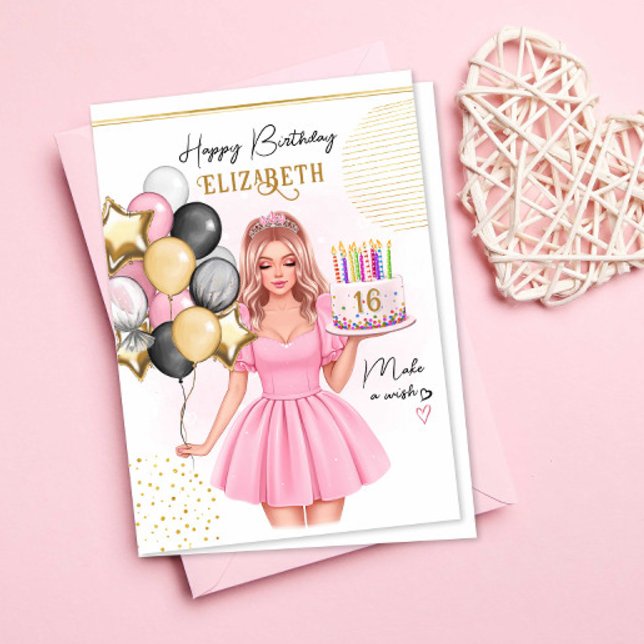 Cartes Pour Fêtes Annuelles Fille rose avec ballons de gâteau 16ème anniversai (Créateur téléchargé)