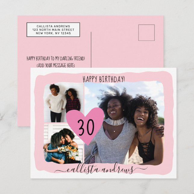 Cartes Pour Fêtes Annuelles Fille Rose Blanc Quatre Photo Collage Joyeux anniv (Devant / Derrière)