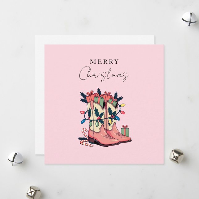 Cartes Pour Fêtes Annuelles Fille rose moderne Botte occidentale Noël (Devant/Arrière en situation)