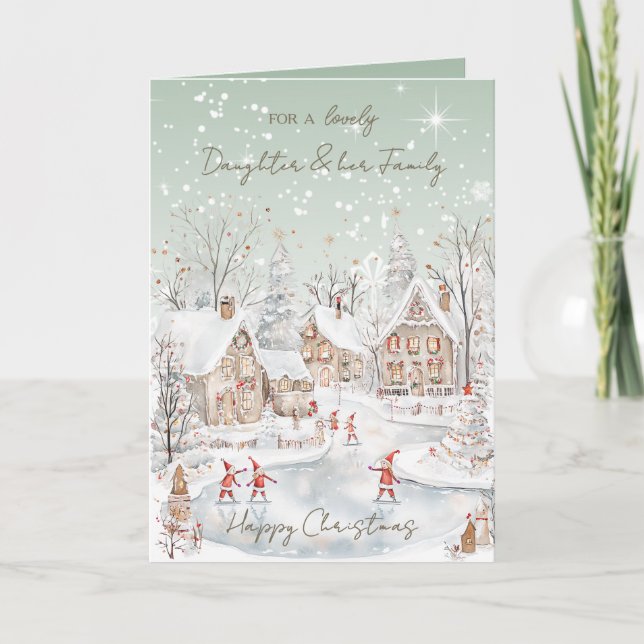 Cartes Pour Fêtes Annuelles Fille & sa famille maisons enneigées de Noël (Devant)