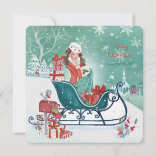 Cartes Pour Fêtes Annuelles Fille Shopping Sleigh de Noël - Salutations