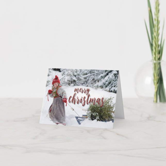 Cartes Pour Fêtes Annuelles Fille tirant traîneau avec arbre, Joyeux Noël (Devant)