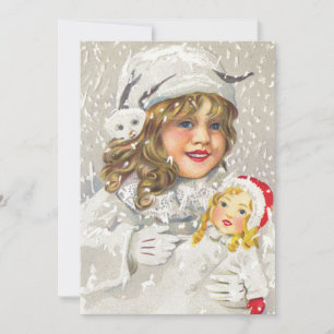 Cartes Pour Fêtes Annuelles Fille victorienne de Noël vintage avec poupée dans
