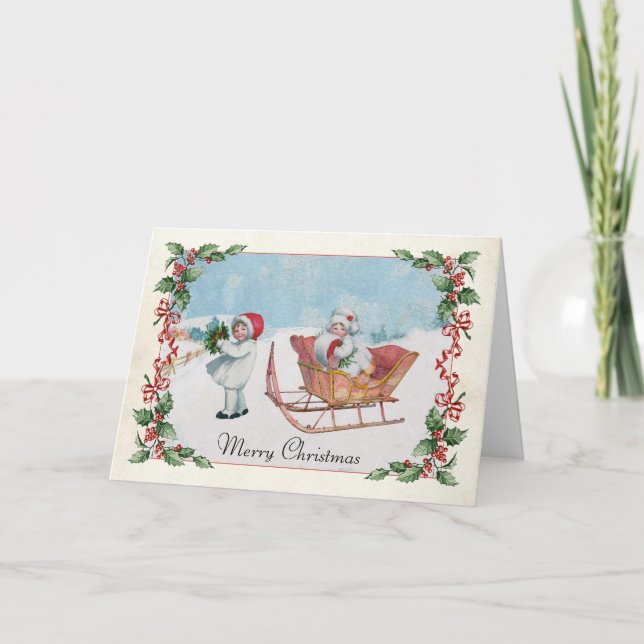 Cartes Pour Fêtes Annuelles Filles de promenade en traîneau Joyeux Noël Holly  (Devant)
