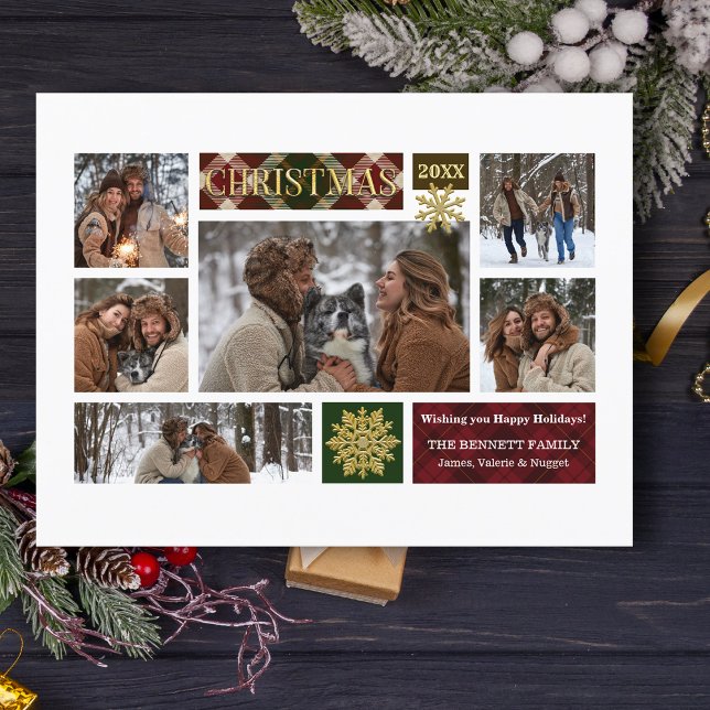 Cartes Pour Fêtes Annuelles Flakes Rustique Plaid & Gold Snowflakes Multi Phot (Créateur téléchargé)