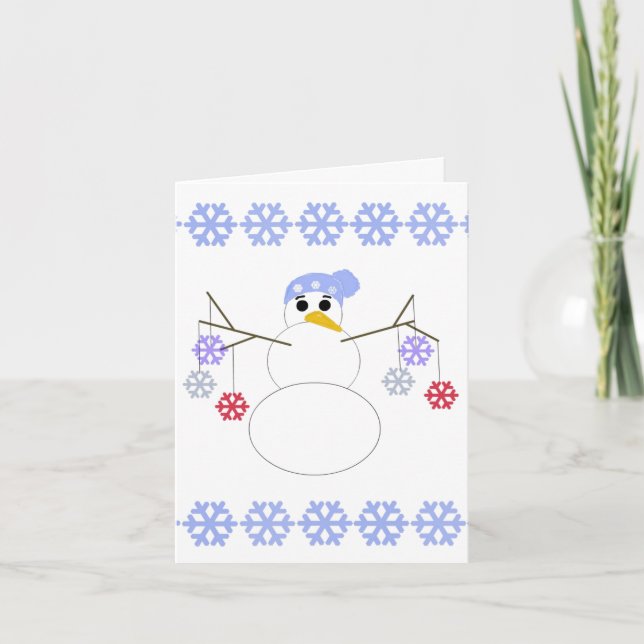 Cartes Pour Fêtes Annuelles Flakey Snowman avec ornements de flocon de neige (Devant)