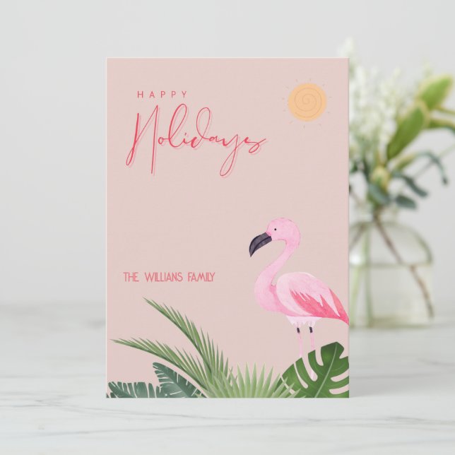 Cartes Pour Fêtes Annuelles Flamant rose de plage tropical Noël (Debout devant)