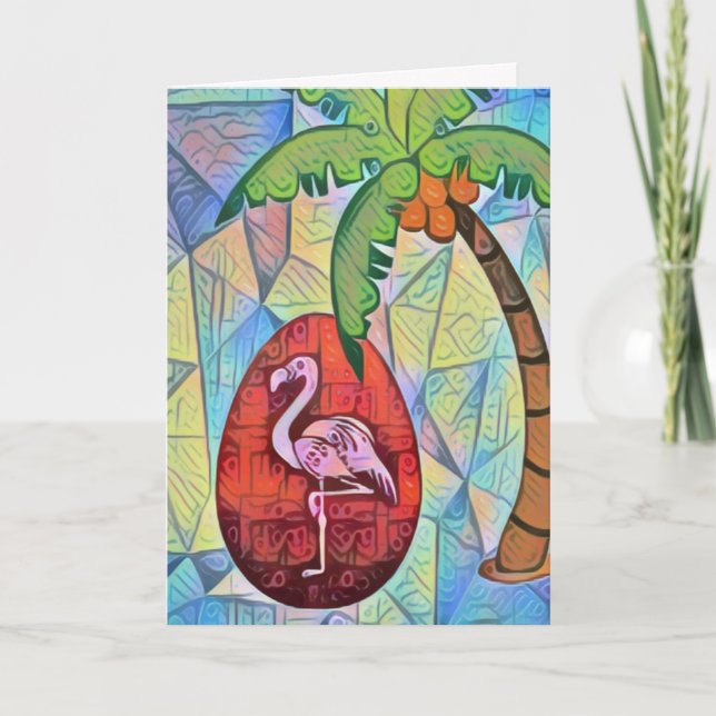 Cartes Pour Fêtes Annuelles Flamant rose Oeuf de Pâques et Plage de Palmier Pâ (Devant)