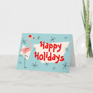 Cartes Pour Fêtes Annuelles Flamant rose Père Noël Blue Happy Holidays front