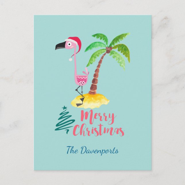 Cartes Pour Fêtes Annuelles Flamant rose Rose Dans Un Chapeau De Père Noël Par (Devant)