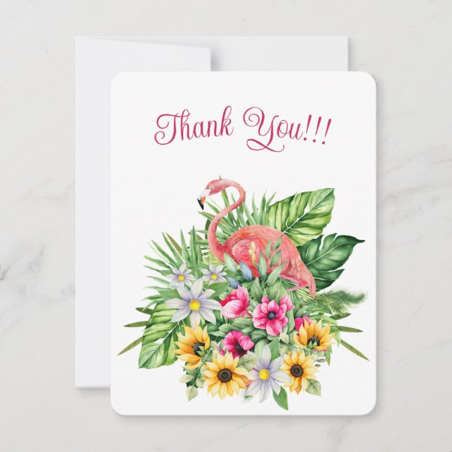 Cartes Pour Fêtes Annuelles Flamant rose rose mignon et fleurs tropicales (Devant)