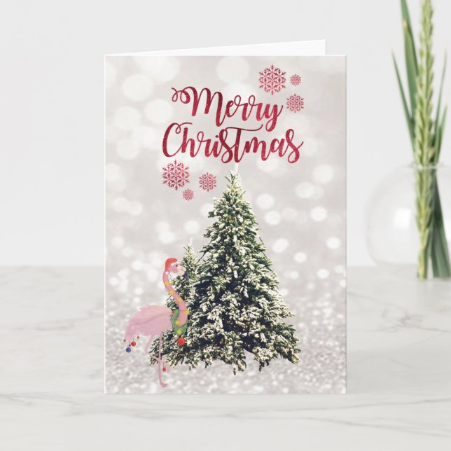 Cartes Pour Fêtes Annuelles Flamant rose Santa Hat, Pine Trees, Glittery Bokeh (Devant)