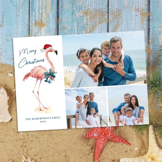 Cartes Pour Fêtes Annuelles Flamant rose Tropical Beach Photo de Noël (Créateur téléchargé)