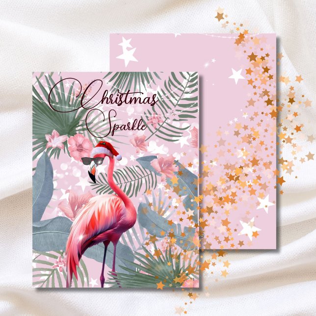 Cartes Pour Fêtes Annuelles Flamant rose Tropical Noël étincelant Père Noël (Créateur téléchargé)