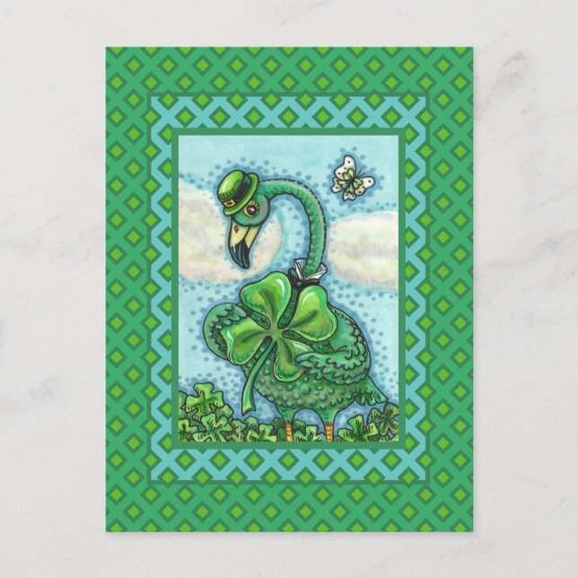 CARTES POUR FÊTES ANNUELLES FLAMANT ROSE VERT IRLANDAIS, MÊME HEUREUX ST. JOUR (Devant)