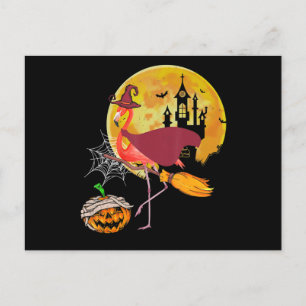 Cartes Pour Fêtes Annuelles Flamingo   Flamingo à balai citrouille Halloween