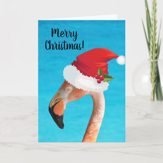Cartes Pour Fêtes Annuelles Flamingo rose dans un chapeau rouge de Noël (Devant)