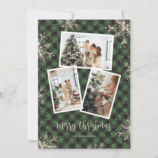 Cartes Pour Fêtes Annuelles Flammes de neige étincelantes Green Plaid Photo No (Devant)