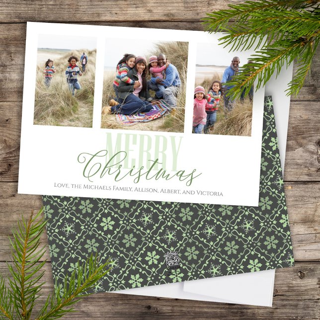 Cartes Pour Fêtes Annuelles Flèche de neige verte à trois photos Noël (Merry Christmas Calligraphy Script holiday multi photo card with elegant snowflake pattern)