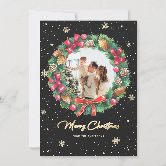 Cartes Pour Fêtes Annuelles Flèches de neige Wreath Gold Black Photo Noël (Devant)