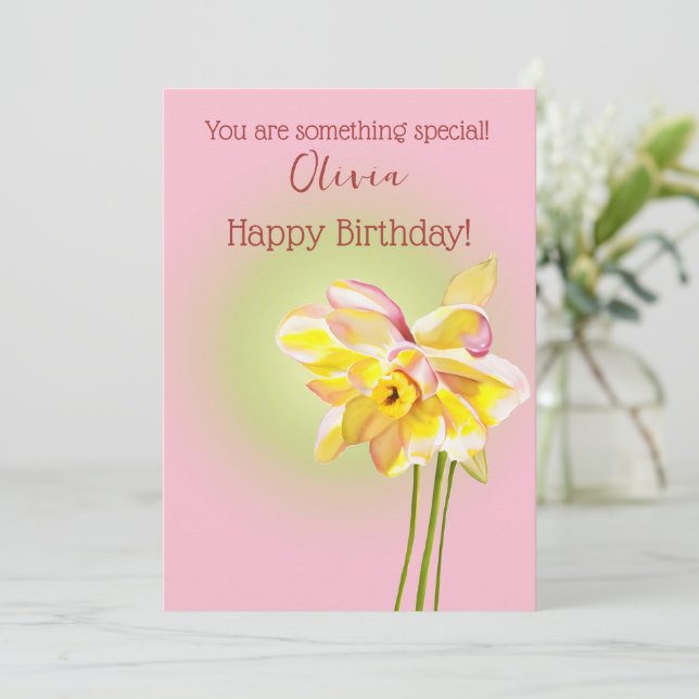 Cartes Pour Fêtes Annuelles Fleur de naissance de mars Aquarelle Daffodique Mi (Debout devant)