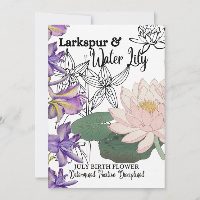 Cartes Pour Fêtes Annuelles Fleur de naissance, juillet, Larkspur, Lily d'eau, (Devant)
