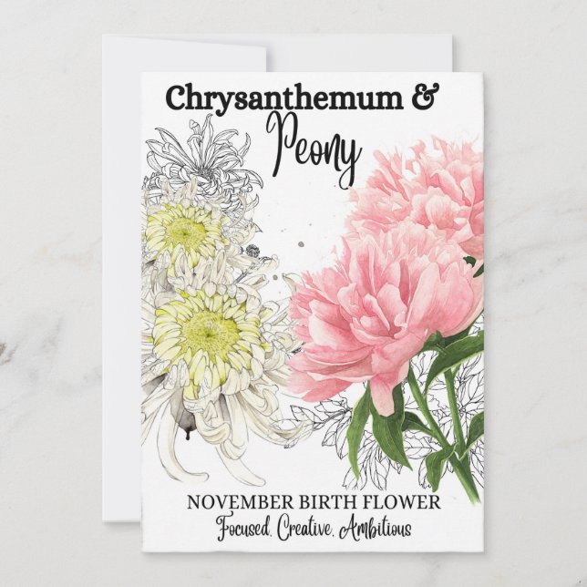 Cartes Pour Fêtes Annuelles Fleur de naissance, Novembre, Chrysanthème, Peony (Devant)