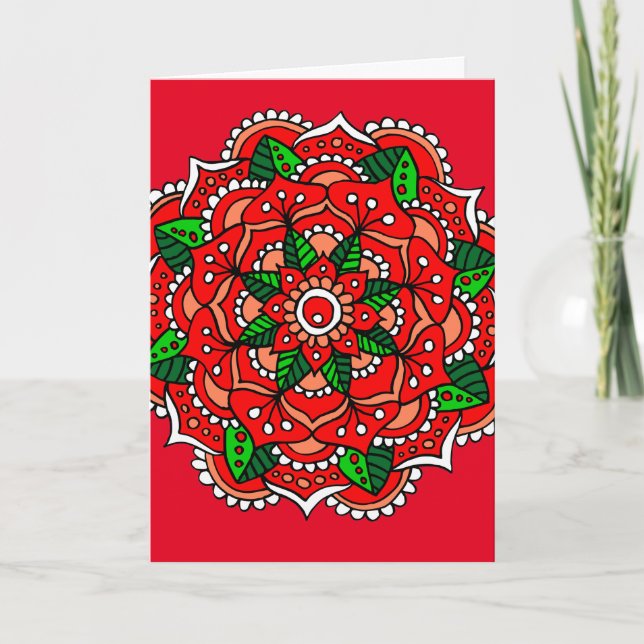 Cartes Pour Fêtes Annuelles Fleur rouge de Noël Mandala (Devant)