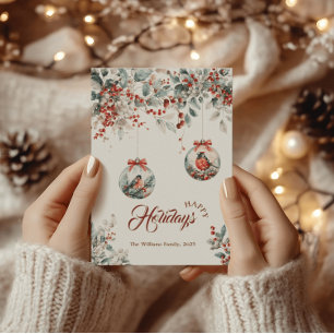 Cartes Pour Fêtes Annuelles Fleur Rustique Rouge Bouvreuil Oiseau Neige Noël