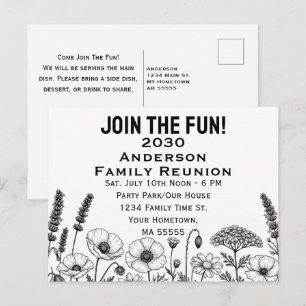 Cartes Pour Fêtes Annuelles Fleur Sauvage Réunion de Famille Noir et Blanc